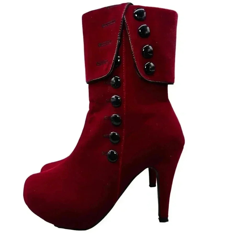 Red Velvet Victorian Inspired Platform Booties Button Accent Stiletto Heel - Picture 10 of 16